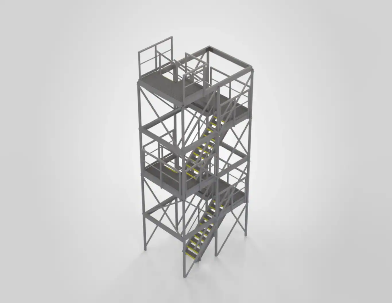 Isometrisk 3D-modell av trappetårn i glassfiber med flere trappeløp, repos, gitterrister og rekkverk.