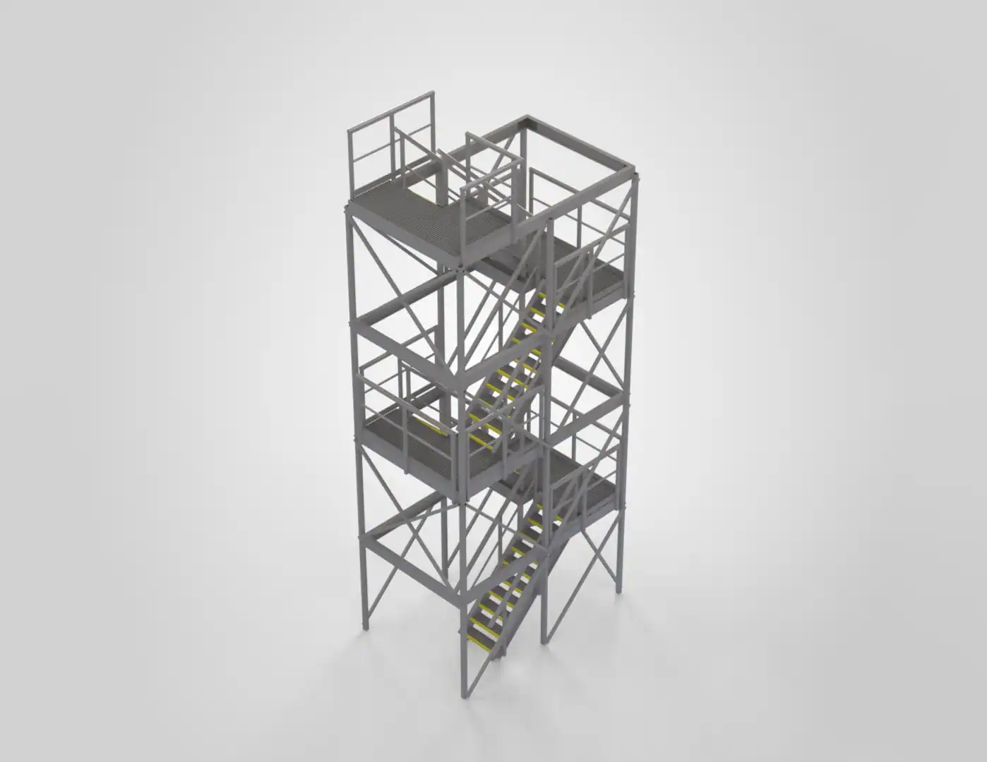 Isometrisk 3D-modell av trappetårn i glassfiber med flere trappeløp, repos, gitterrister og rekkverk.