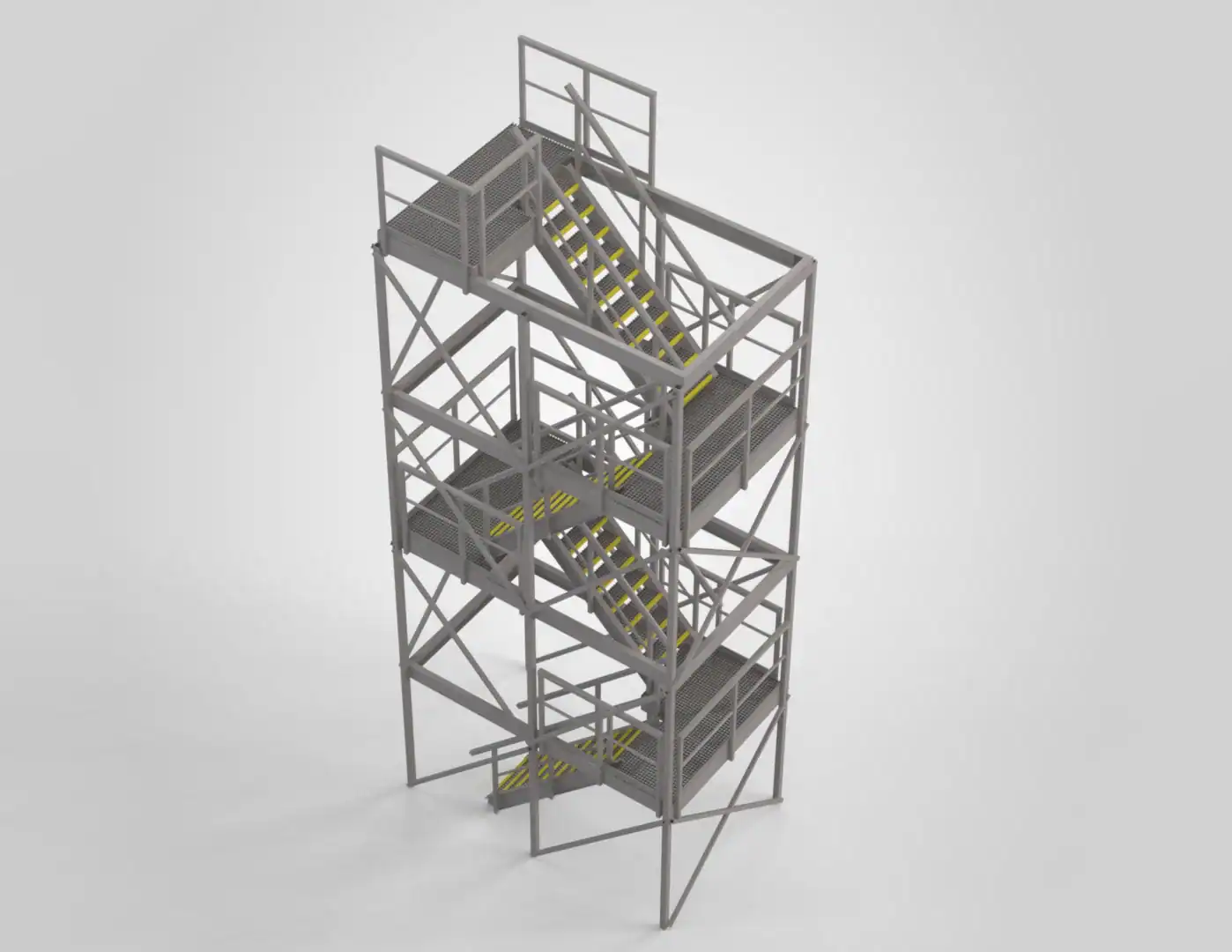 Isometrisk 3D-modell av trappetårn i glassfiber sett fra motsatt side, med trappeløp, repos og rekkverk.